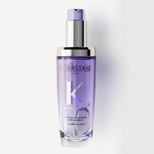  Huile Cicaextreme hair oil is displayed on a pure grey background with transparent cubes. The oil provides strength and shine to bleached and blonde hair.